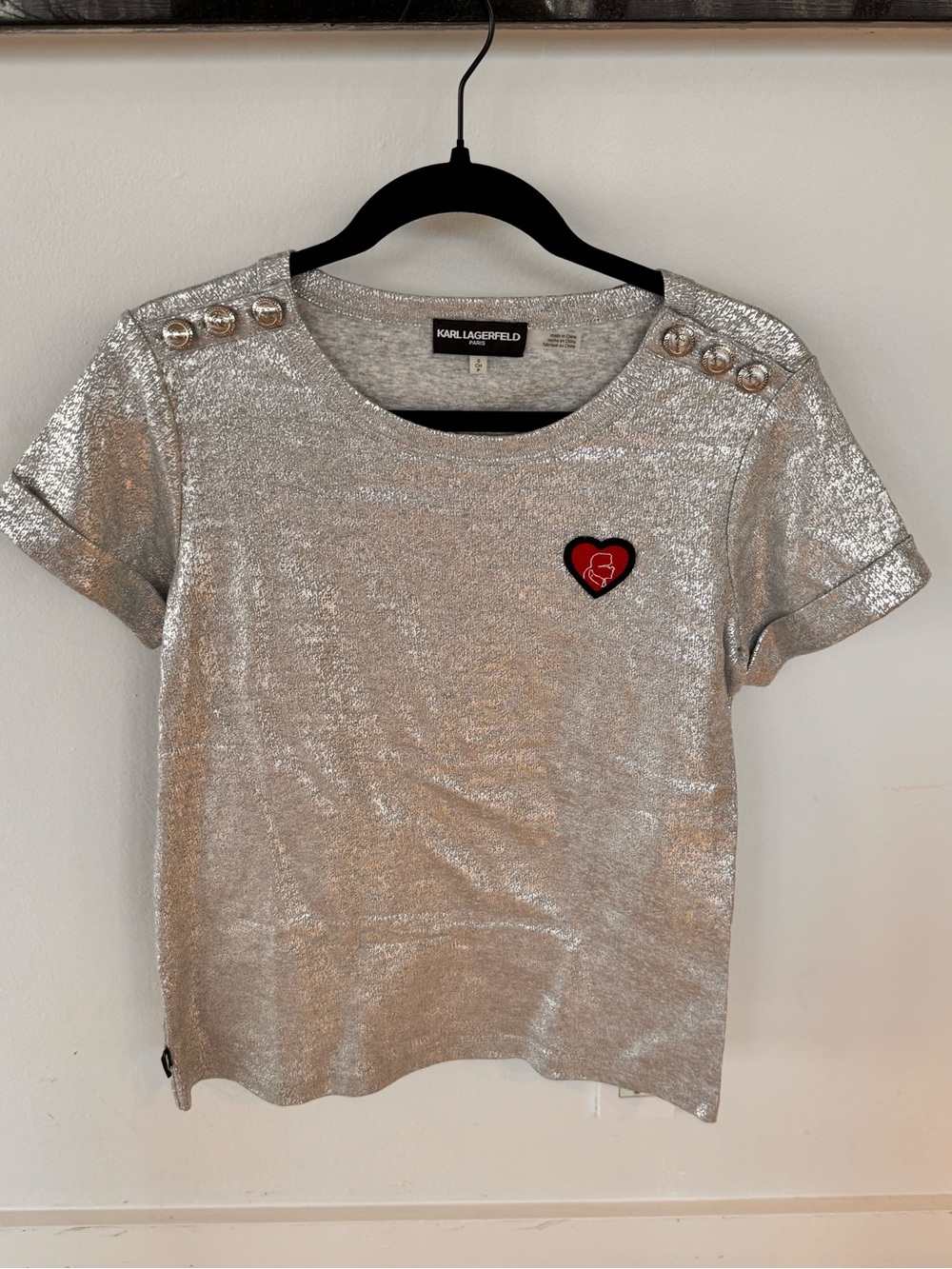 Karl Lagerfeld Kids Silver Metallic Tee with Red Heart Patch